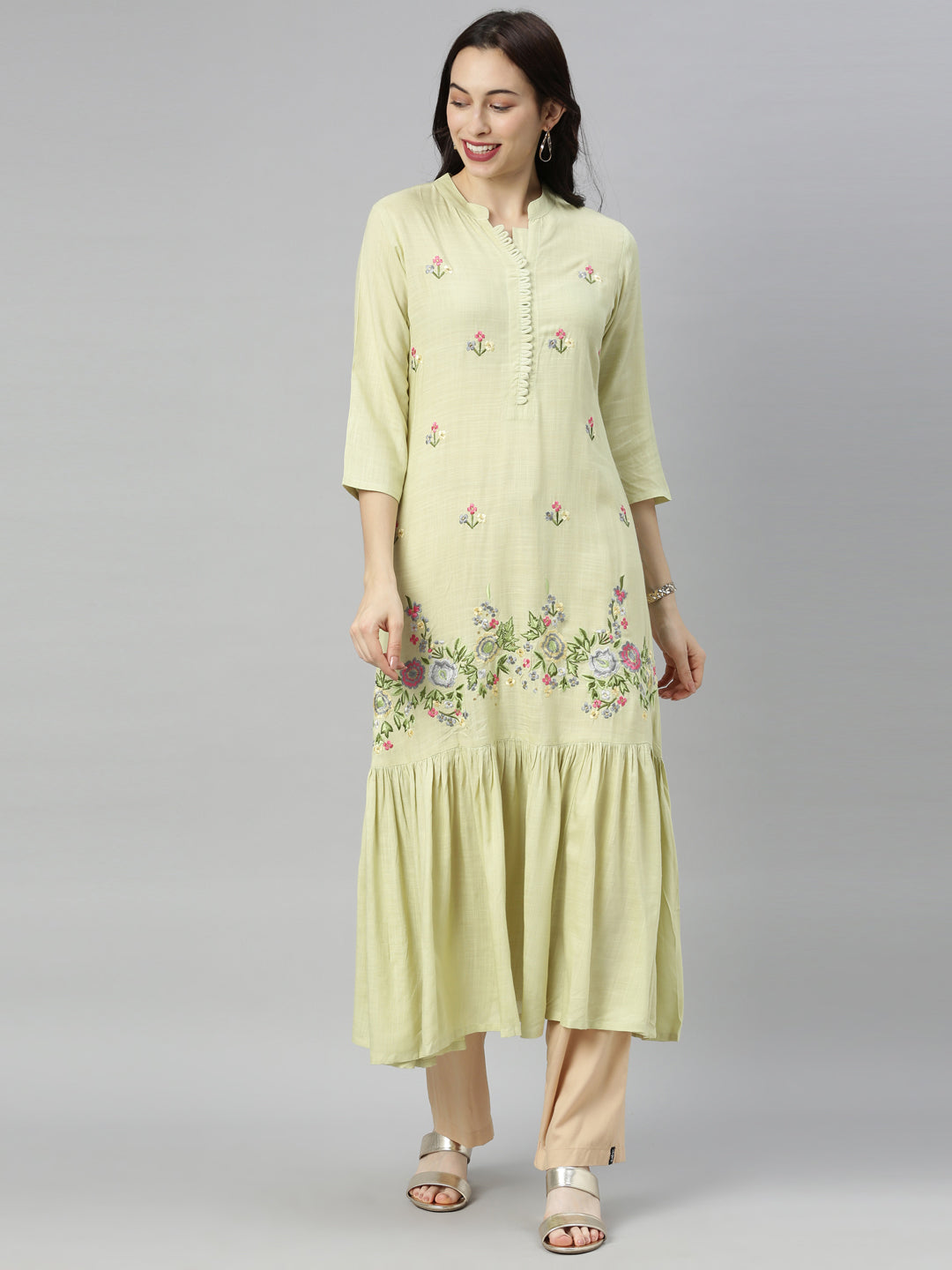 Neerus Green Rayon Solid Tunic Dress - front view