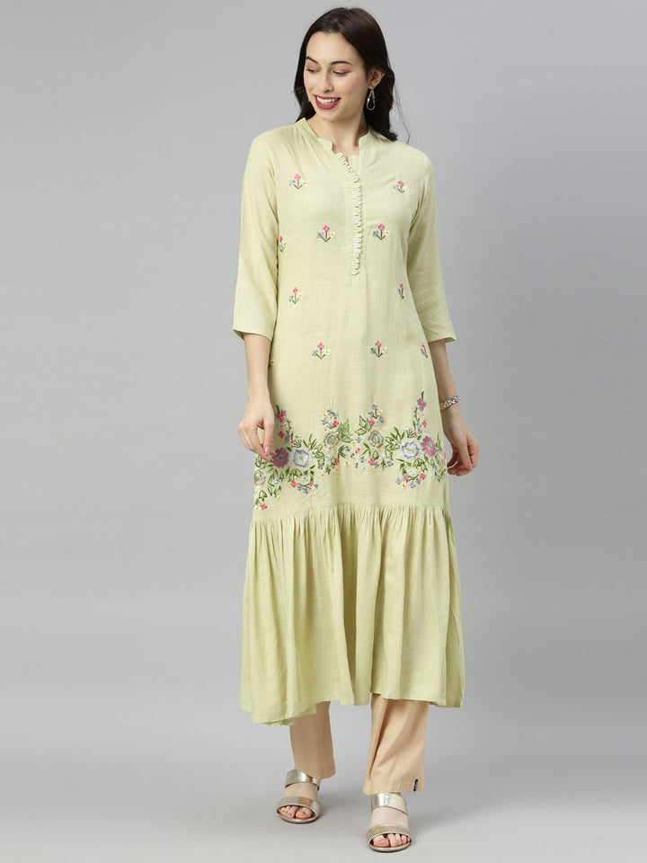 Neerus Green Rayon Solid Tunic Dress - front view