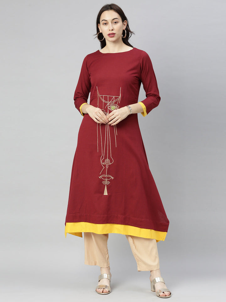 Neerus Maroon cotton printed A-Line kurta - front view