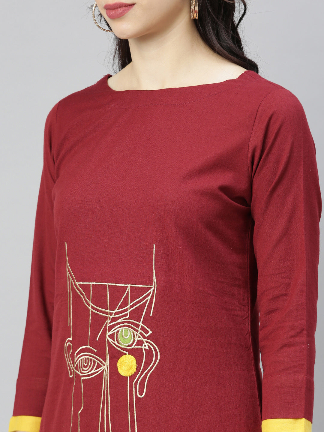 Neerus Maroon cotton printed A-Line kurta - back view