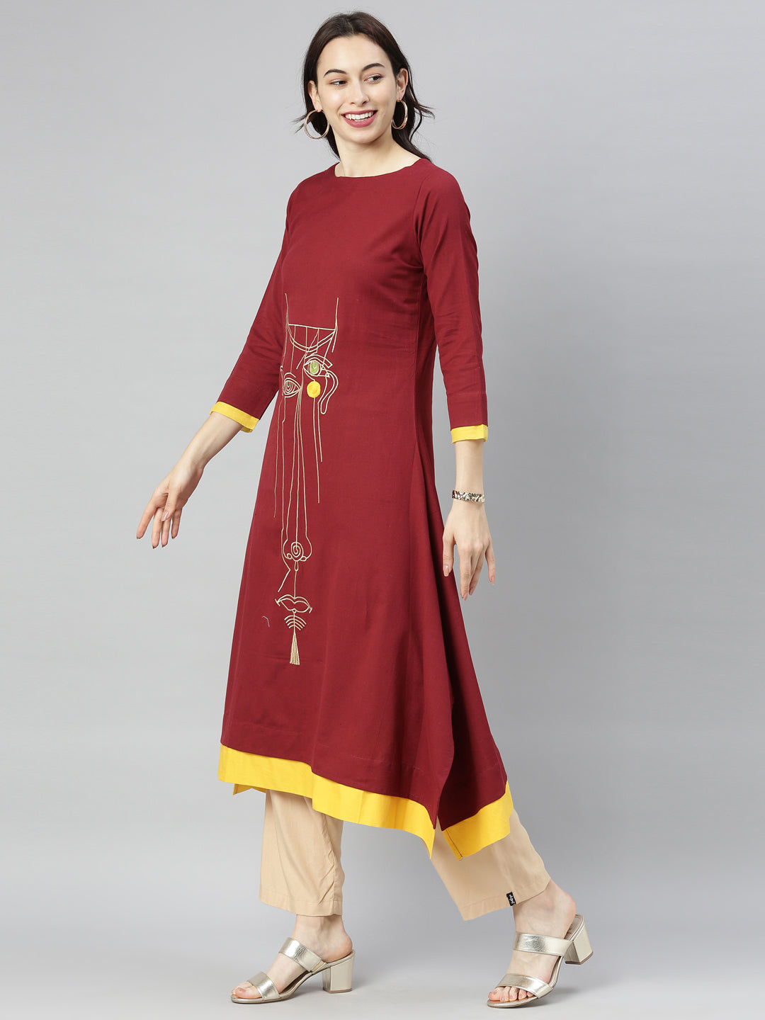 Neerus Maroon cotton printed A-Line kurta - detail view 2