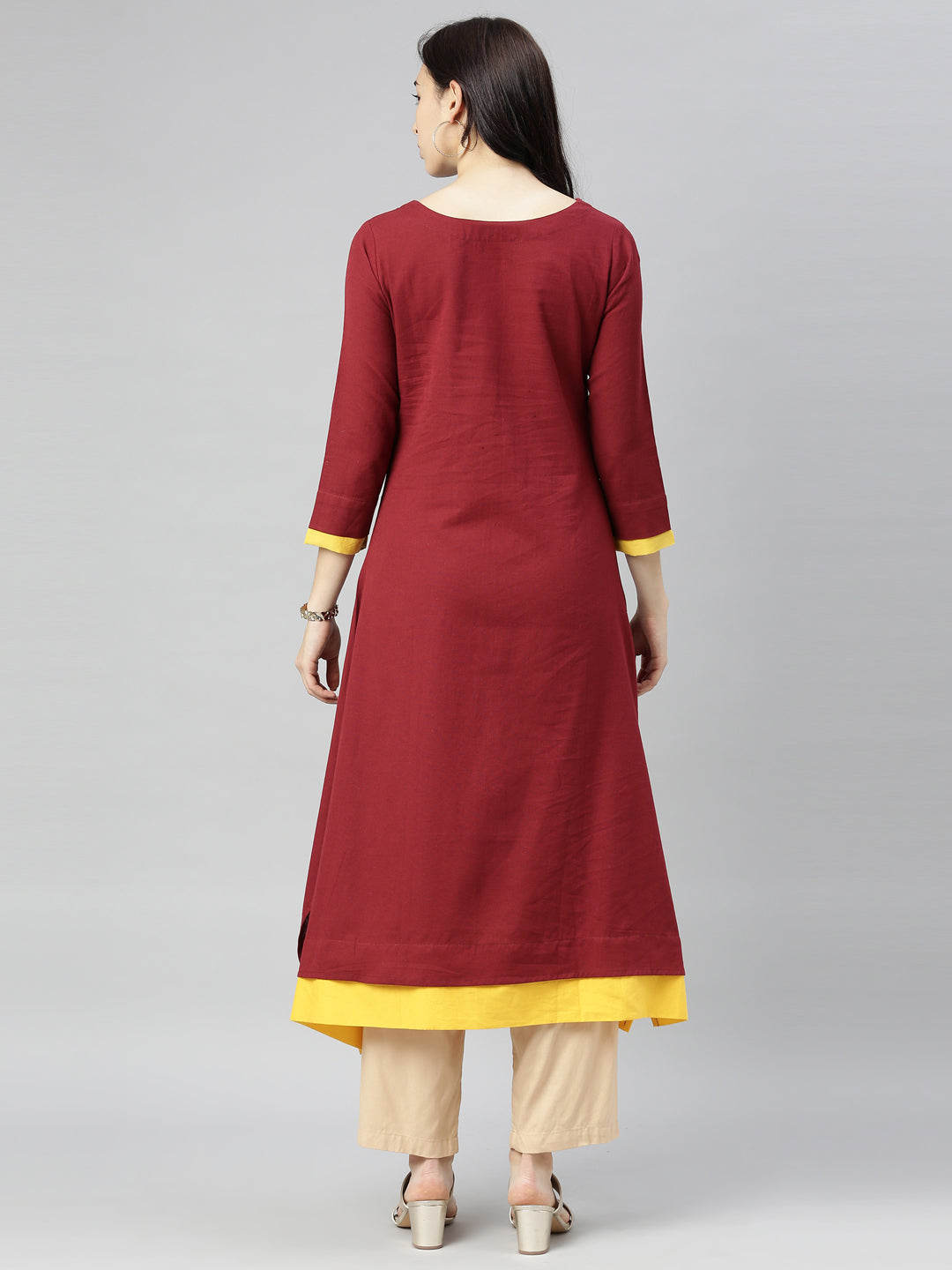 Neerus Maroon cotton printed A-Line kurta - detail view 4