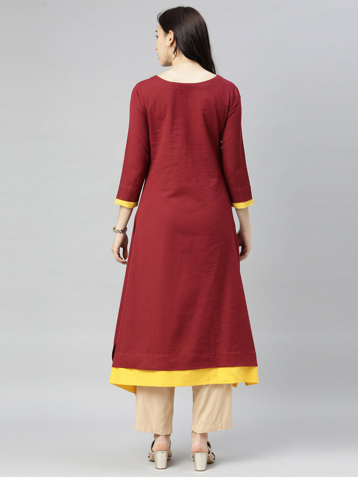Neerus Maroon cotton printed A-Line kurta - detail view 4