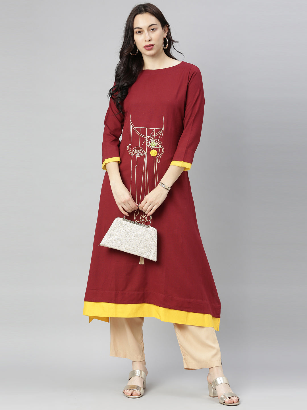 Neerus Maroon cotton printed A-Line kurta - detail view 5