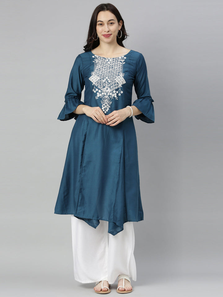Neerus Blue embellished zari A-line kurta - front view