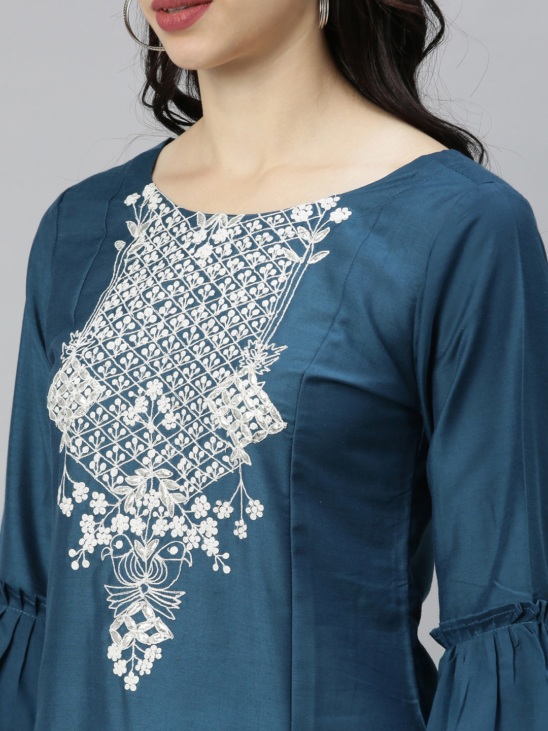 Neerus Blue embellished zari A-line kurta - back view