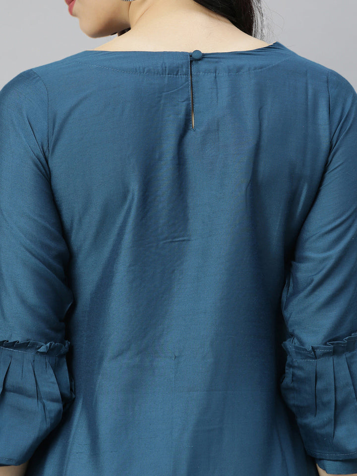 Neerus Blue embellished zari A-line kurta - side view
