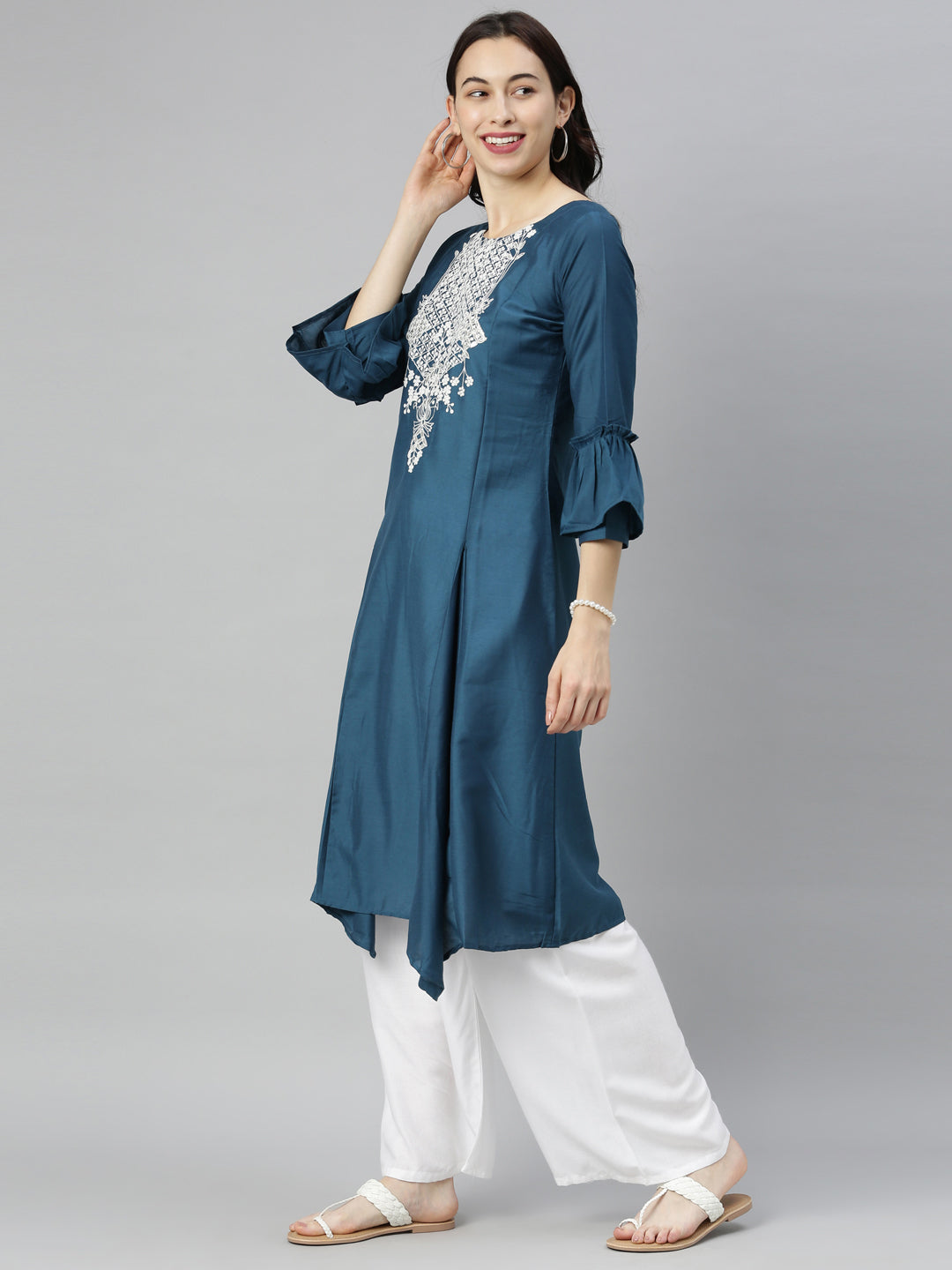 Neerus Blue embellished zari A-line kurta - detail view 3