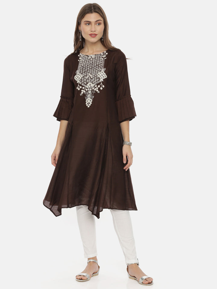 Neerus Brown muslin embroidered A-line kurta - front view