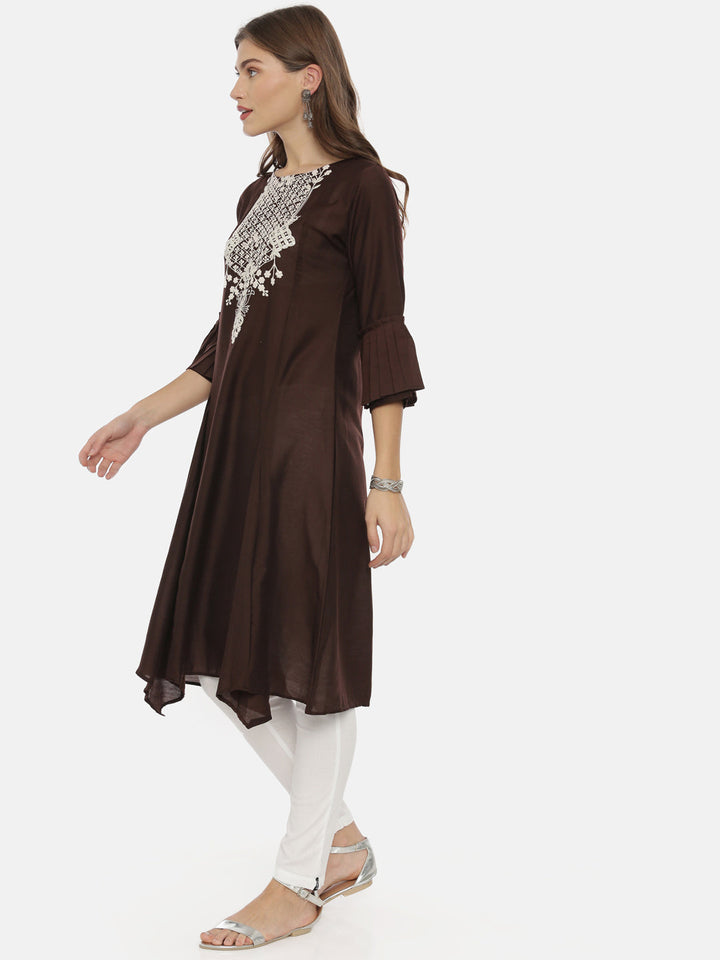 Neerus Brown muslin embroidered A-line kurta - side view