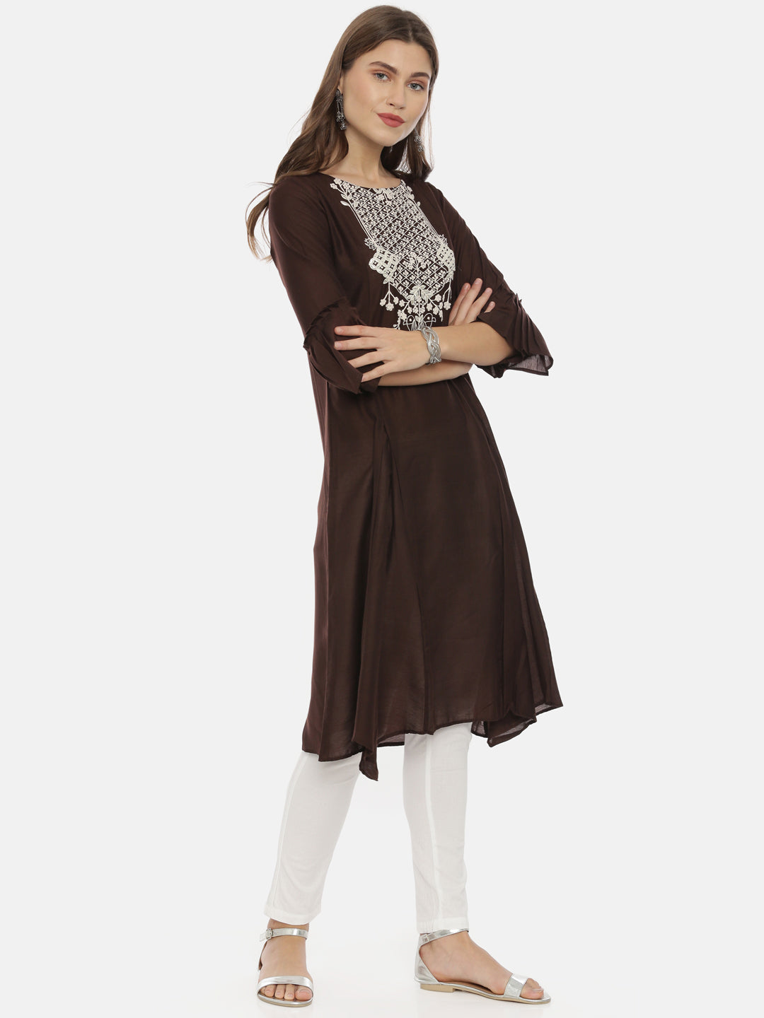 Neerus Brown muslin embroidered A-line kurta - detail view 1