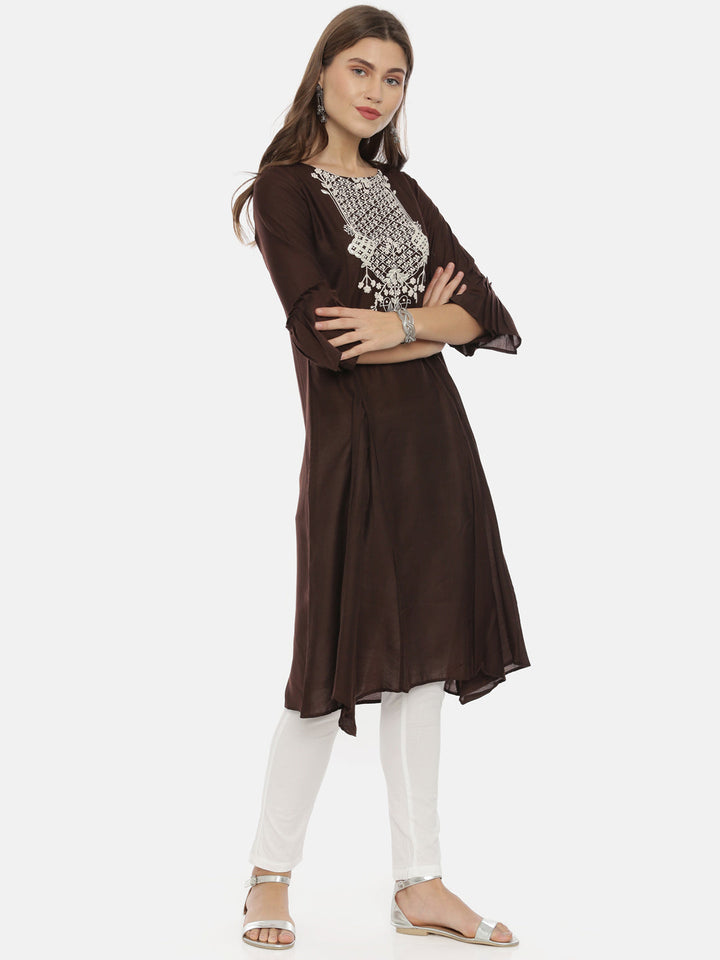 Neerus Brown muslin embroidered A-line kurta - detail view 1