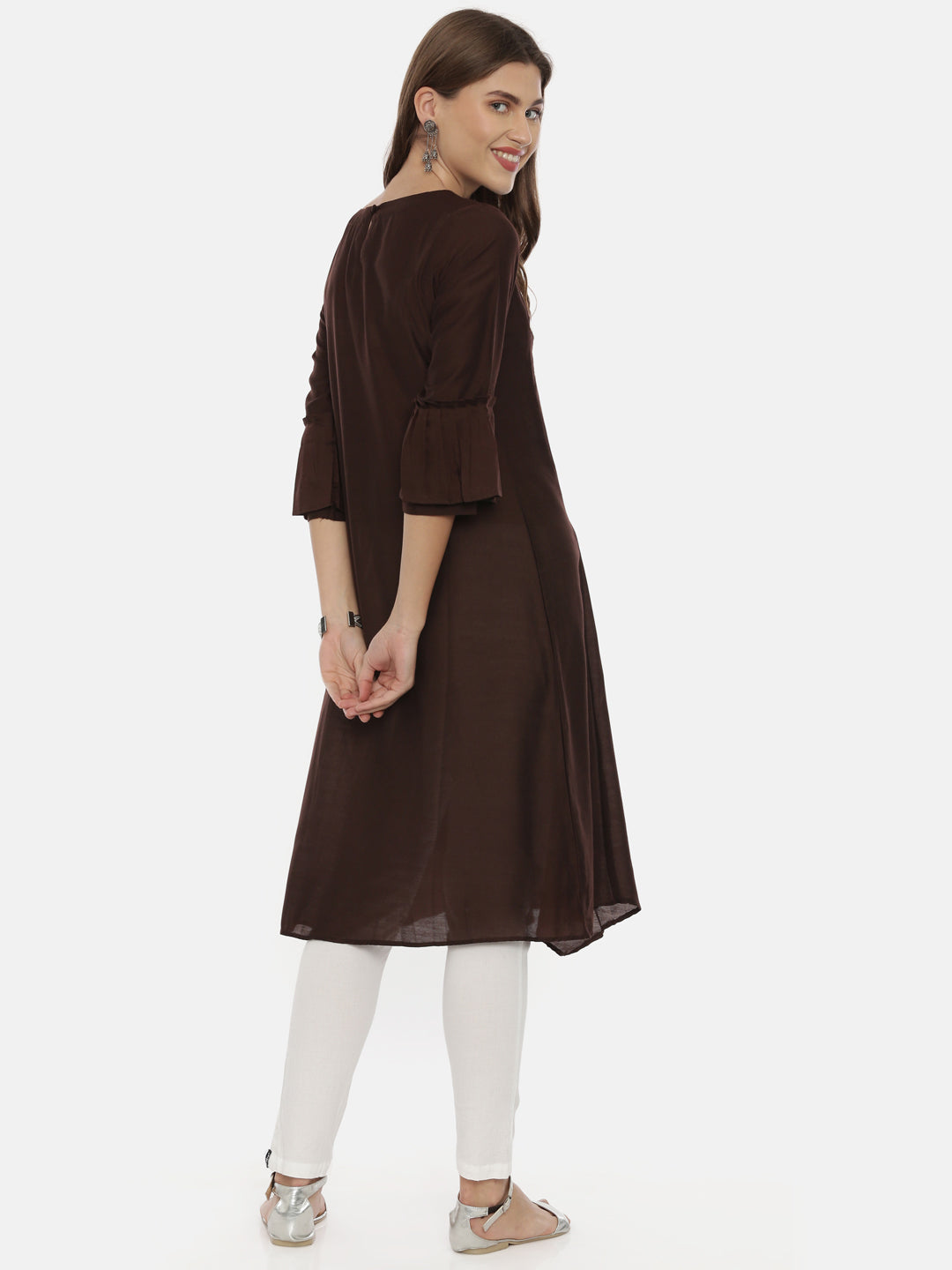 Neerus Brown muslin embroidered A-line kurta - detail view 2