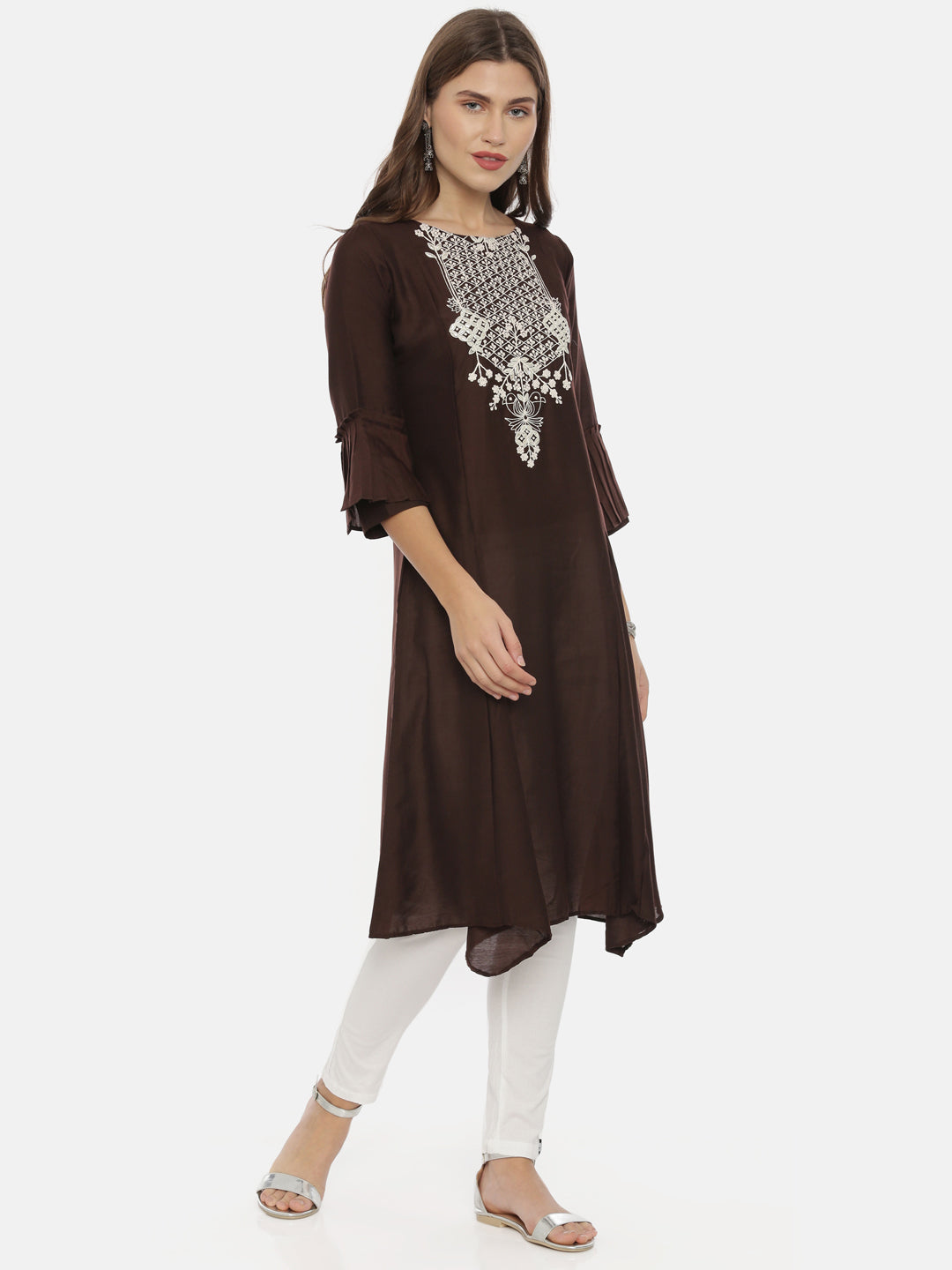 Neerus Brown muslin embroidered A-line kurta - detail view 3