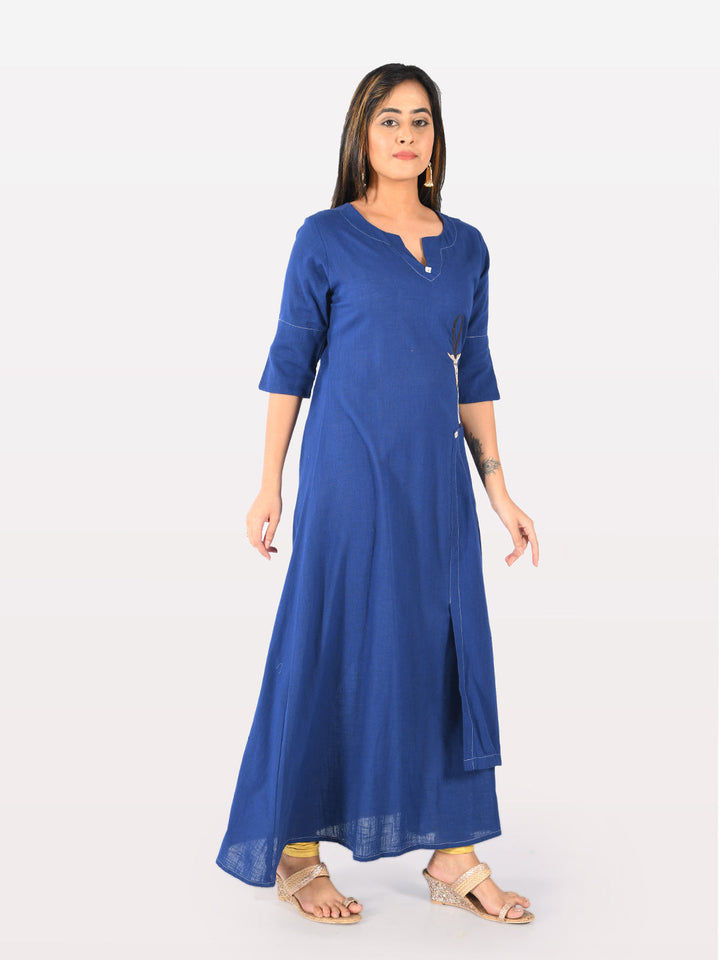 Neerus Blue slub cotton straight tunic dress - detail view 2