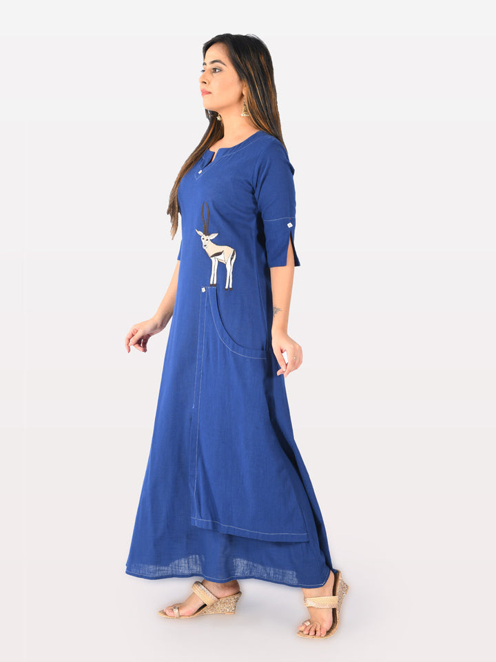 Neerus Blue slub cotton straight tunic dress - front view