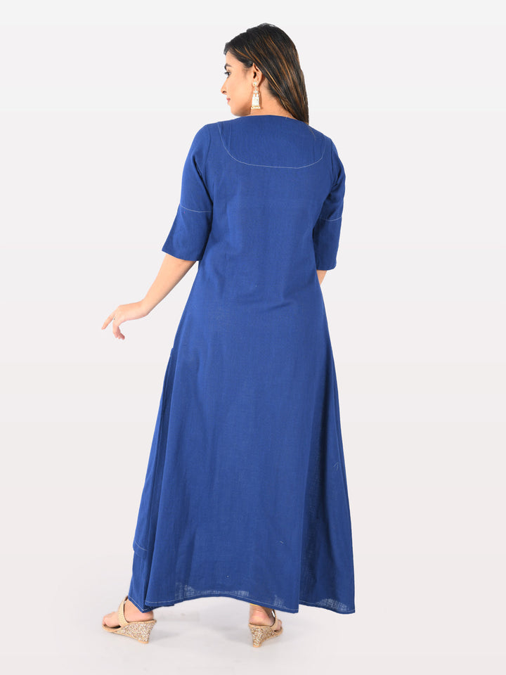 Neerus Blue slub cotton straight tunic dress - back view