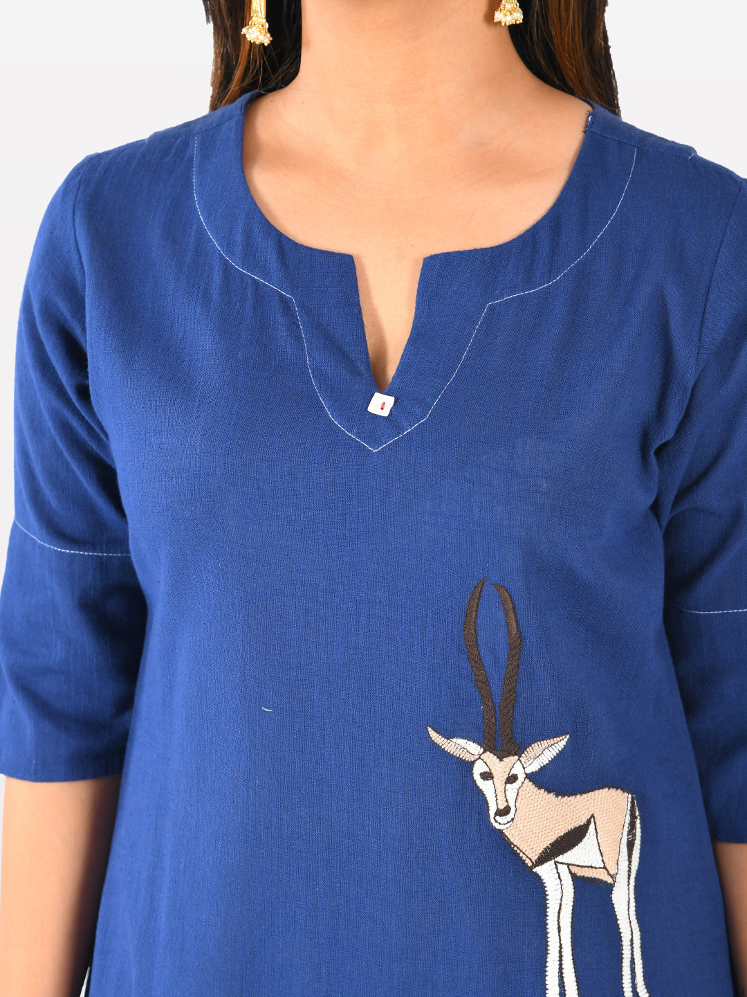 Neerus Blue slub cotton straight tunic dress - side view