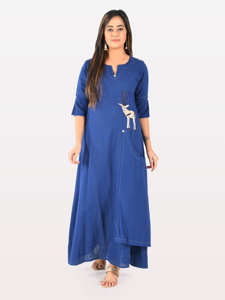 Neerus Blue slub cotton straight tunic dress - detail view 1