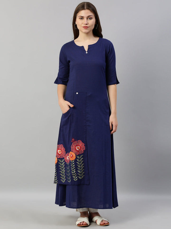 Neerus Blue cotton embroidered A-line kurta - front view
