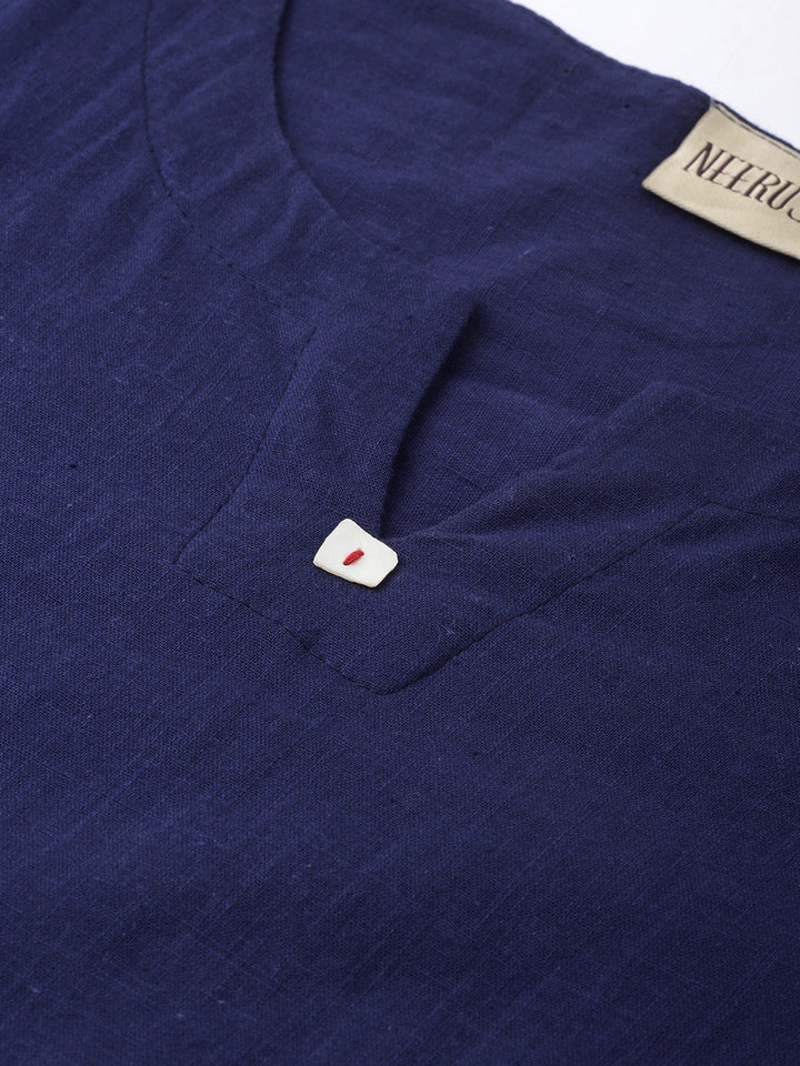 Neerus Blue cotton embroidered A-line kurta - side view