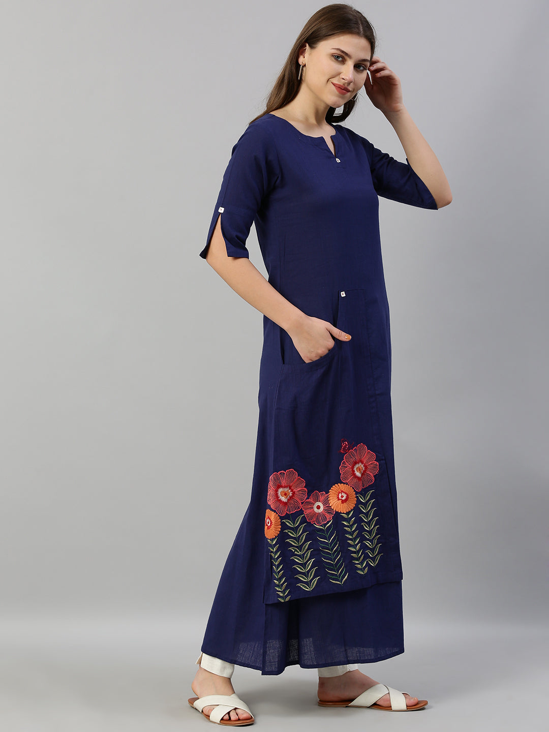 Neerus Blue cotton embroidered A-line kurta - detail view 1