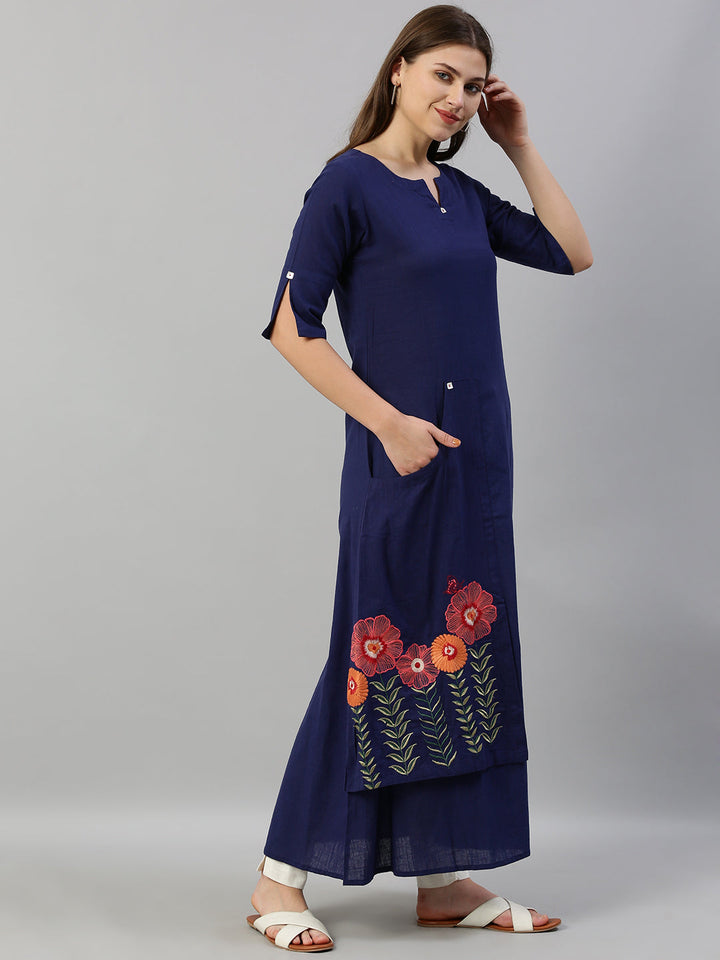 Neerus Blue cotton embroidered A-line kurta - detail view 1