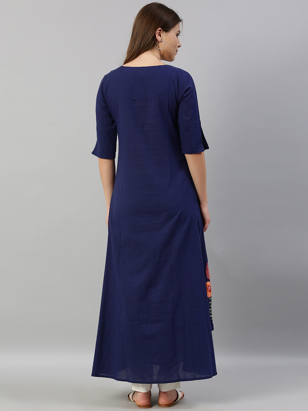 Neerus Blue cotton embroidered A-line kurta - detail view 2