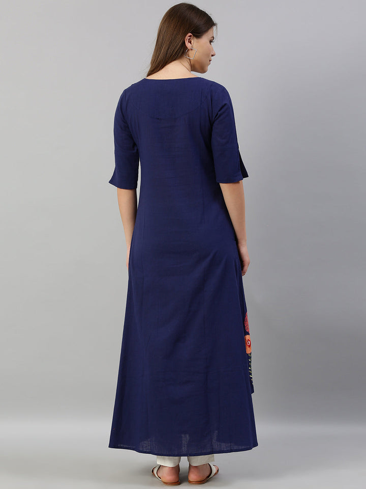 Neerus Blue cotton embroidered A-line kurta - detail view 2