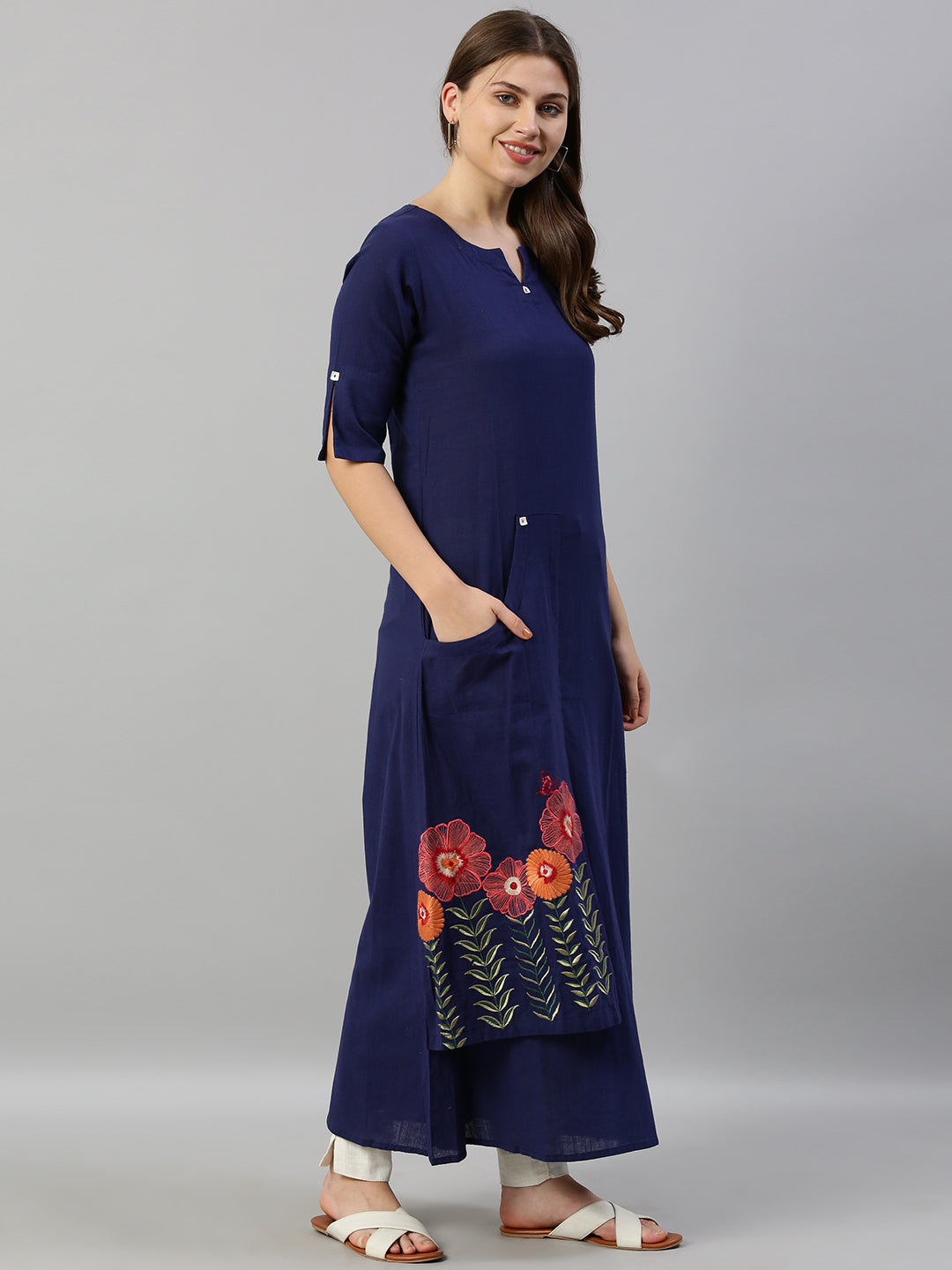 Neerus Blue cotton embroidered A-line kurta - detail view 3