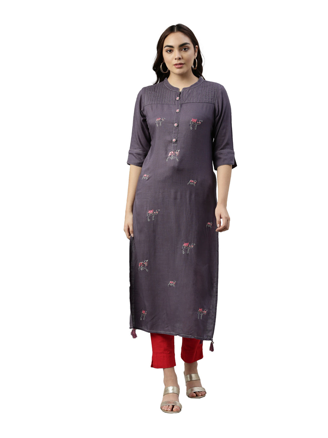 Neerus Grey rayon straight kurta - front view