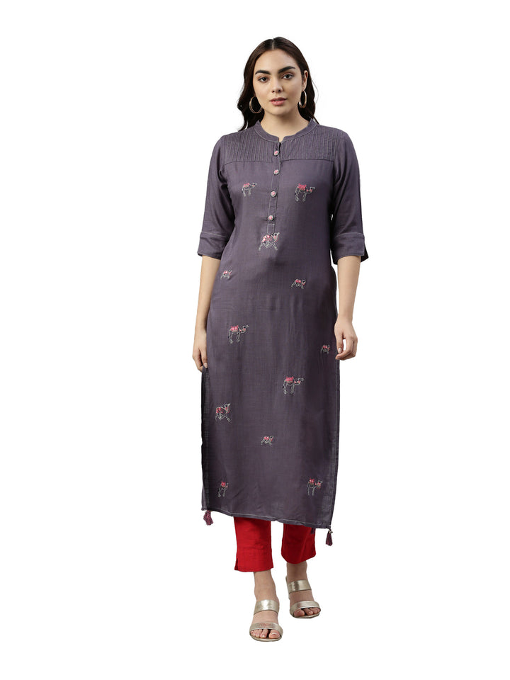 Neerus Grey rayon straight kurta - front view