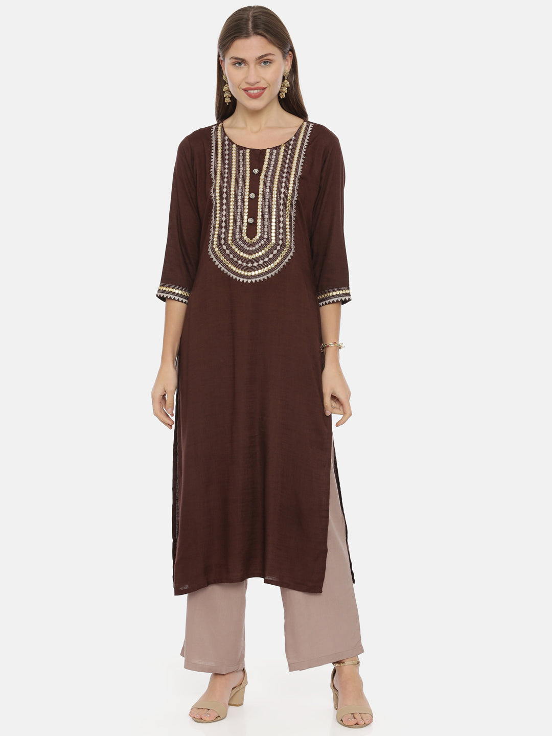 Neerus Brown rayon embroidered straight kurta - front view
