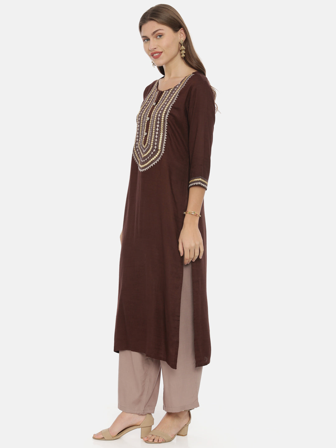 Neerus Brown rayon embroidered straight kurta - side view