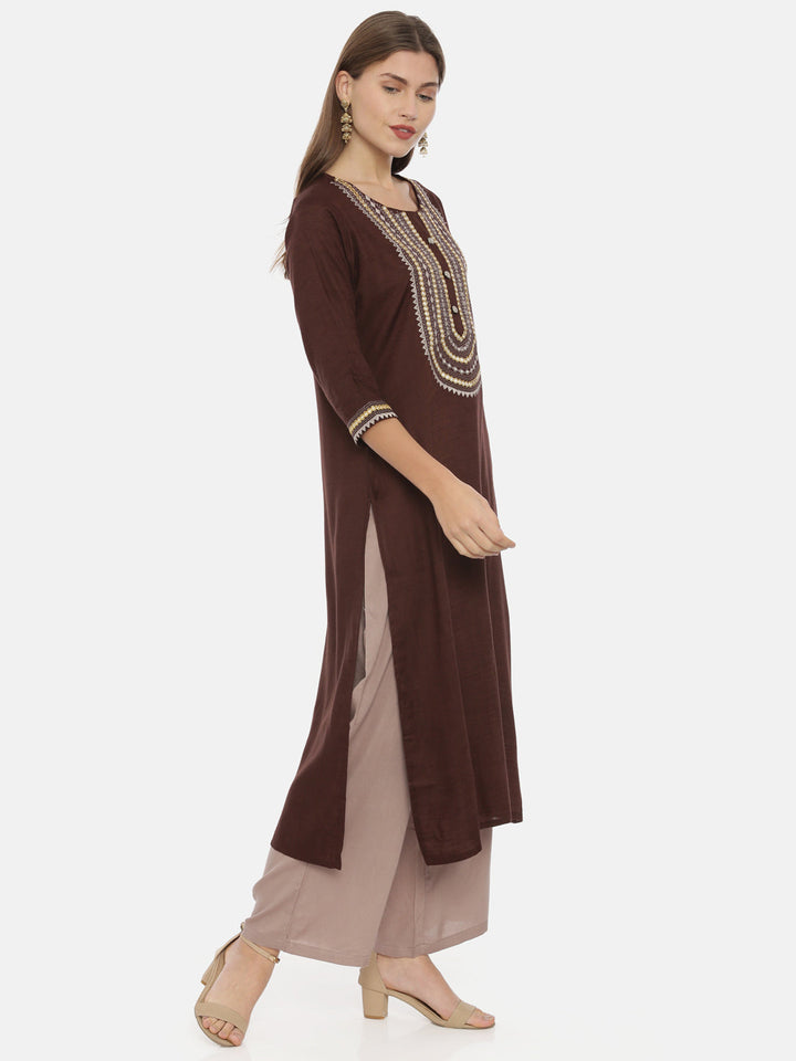 Neerus Brown rayon embroidered straight kurta - detail view 1