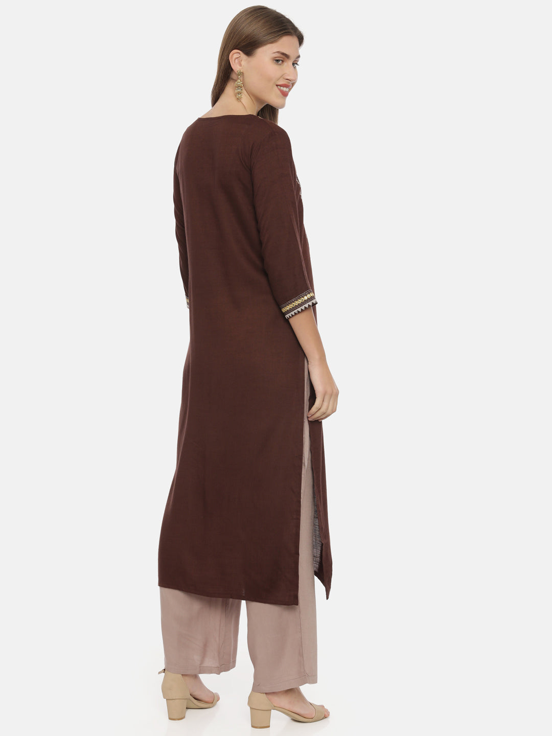 Neerus Brown rayon embroidered straight kurta - detail view 2