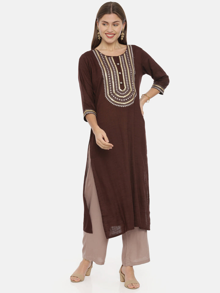 Neerus Brown rayon embroidered straight kurta - detail view 3