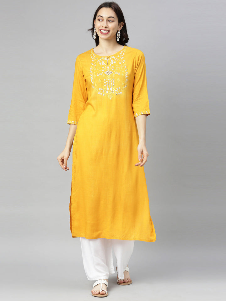 Neerus Yellow embroidered straight kurta - detail view 1