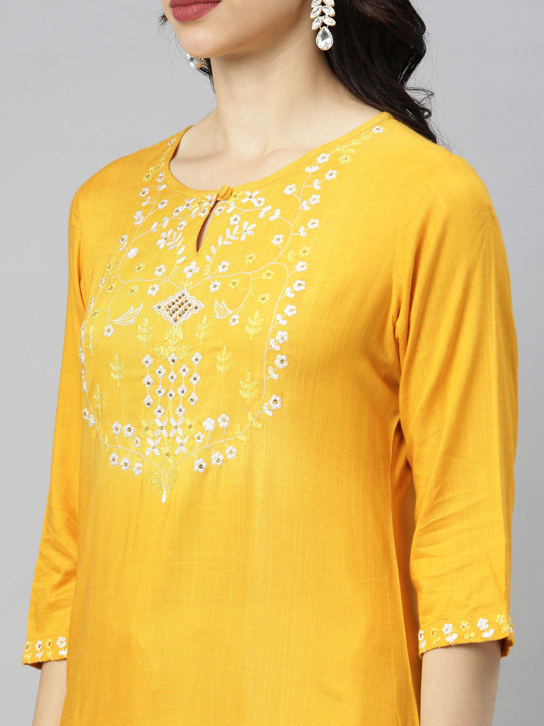 Neerus Yellow embroidered straight kurta - detail view 2