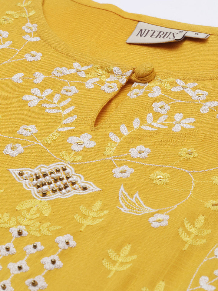 Neerus Yellow embroidered straight kurta - detail view 4
