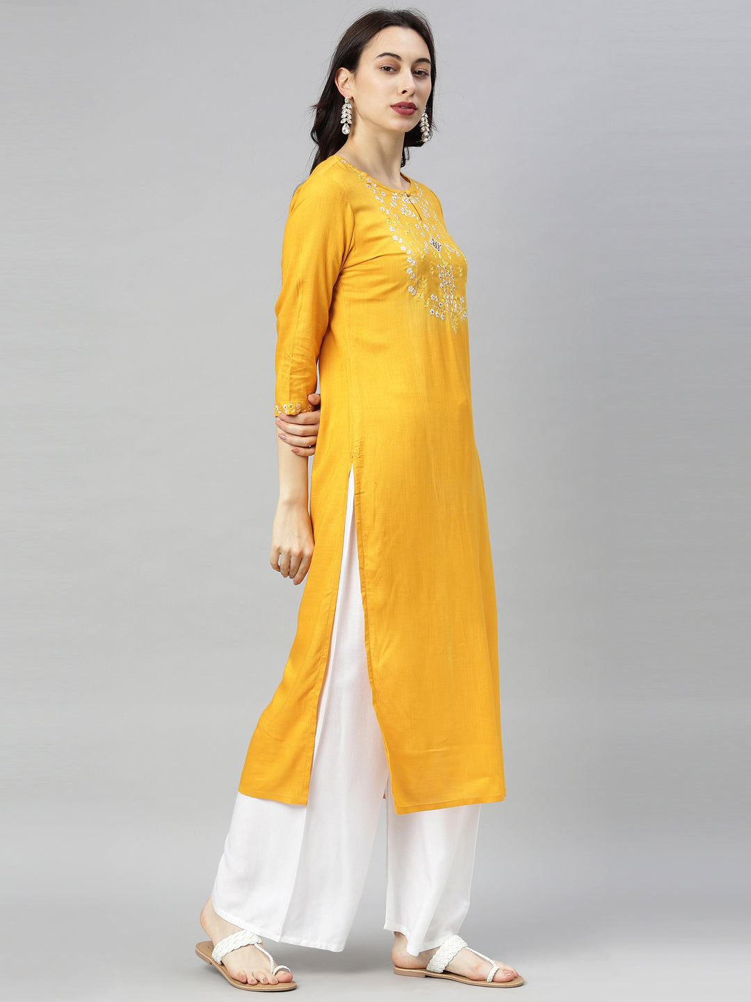 Neerus Yellow embroidered straight kurta - detail view 3