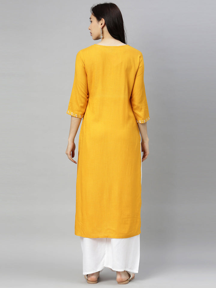Neerus Yellow embroidered straight kurta - side view