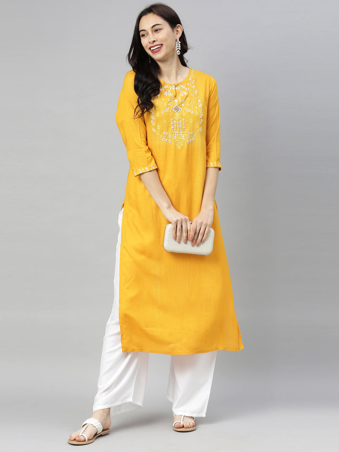 Neerus Yellow embroidered straight kurta - front view