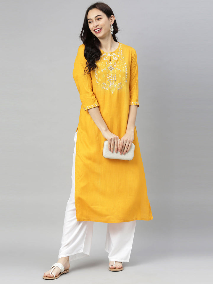 Neerus Yellow embroidered straight kurta - front view
