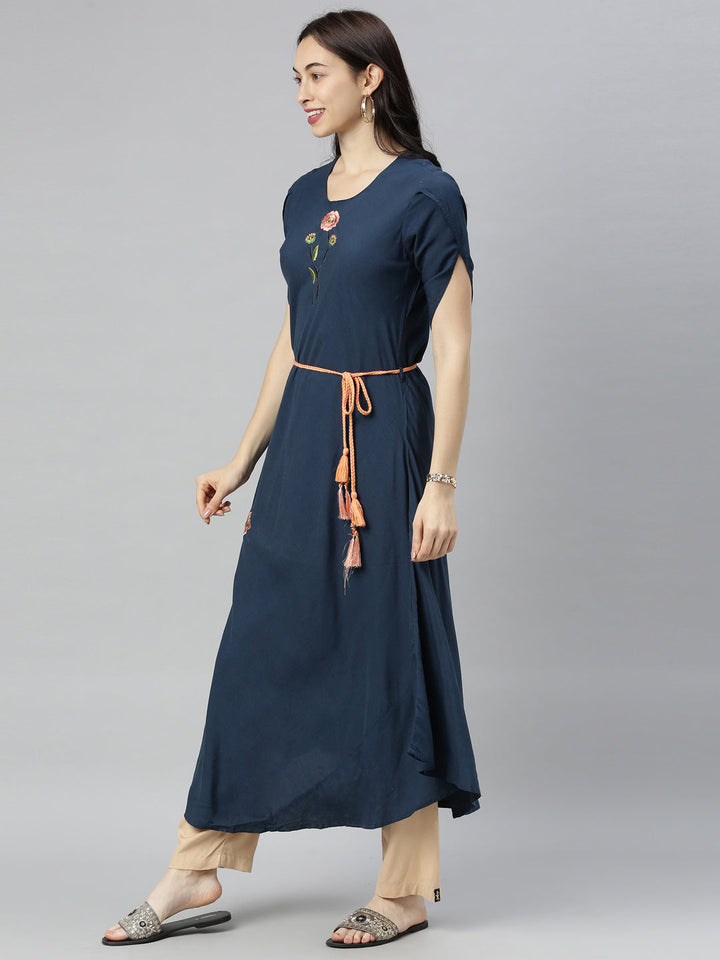 Neerus Blue thread embroidered anarkali kurta - back view