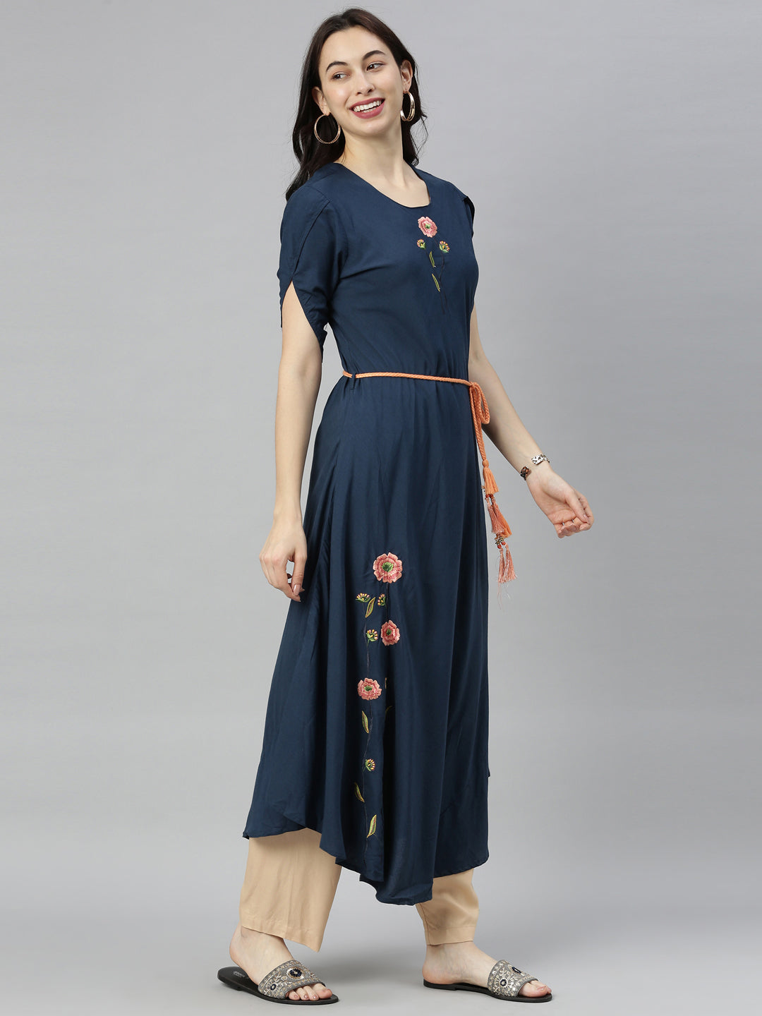 Neerus Blue thread embroidered anarkali kurta - side view