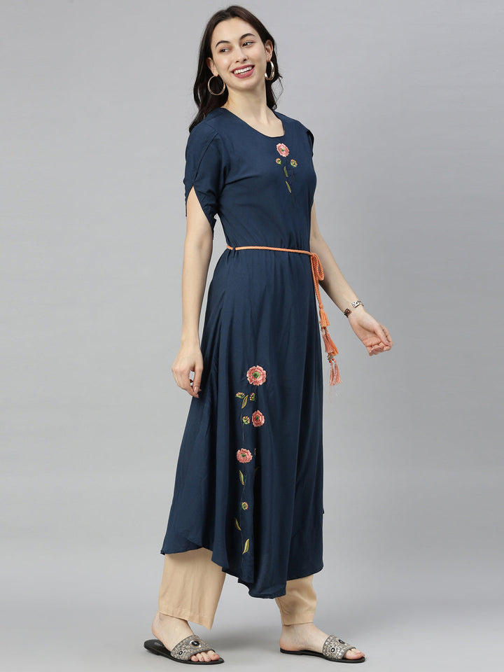 Neerus Blue thread embroidered anarkali kurta - side view