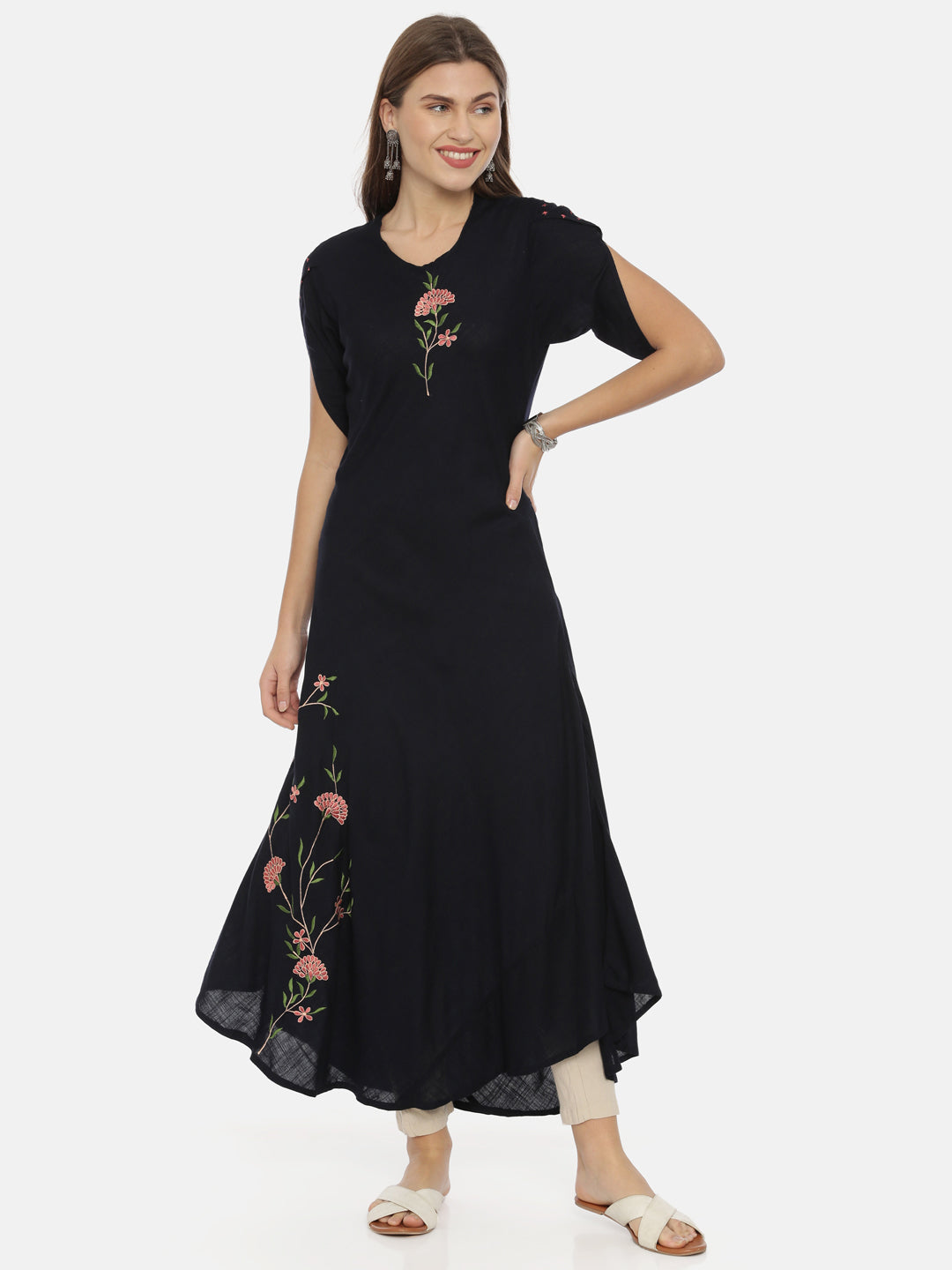 Neerus Pink slub cotton straight tunic dress - front view