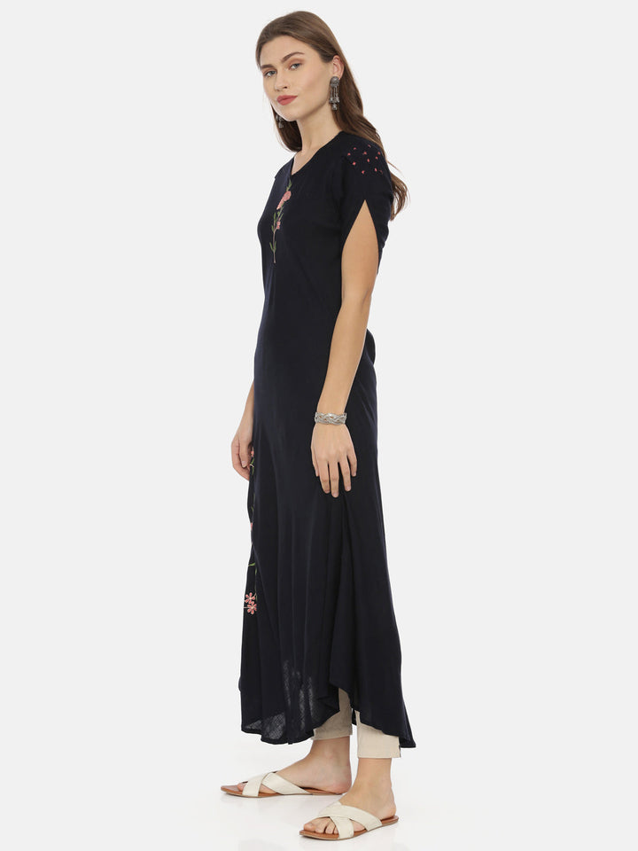 Neerus Pink slub cotton straight tunic dress - side view
