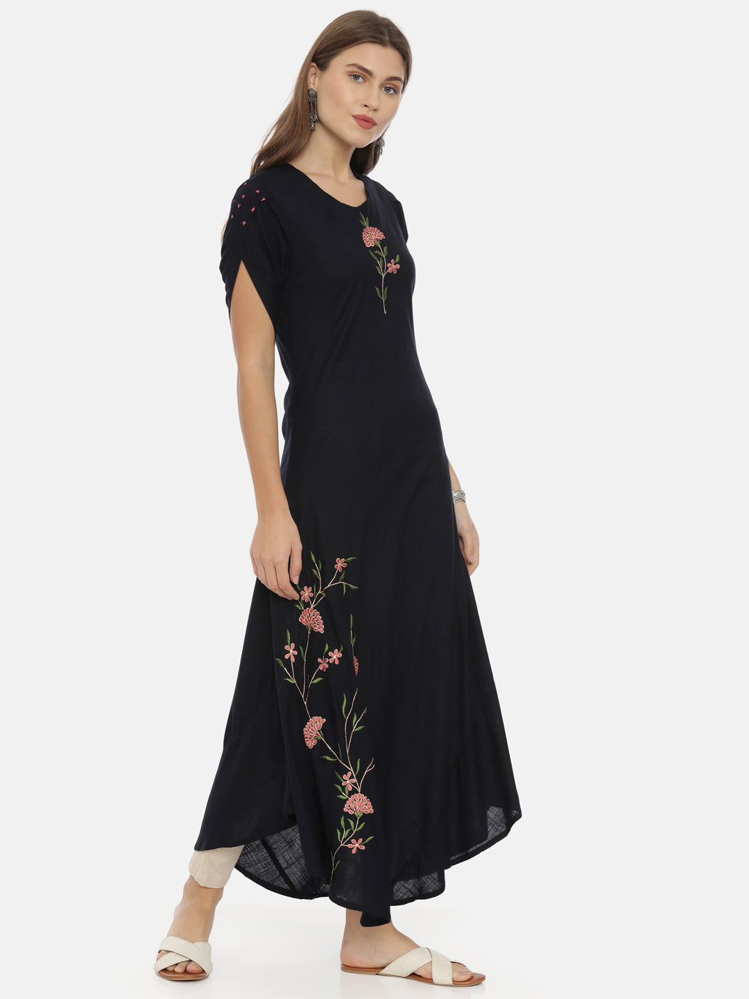 Neerus Pink slub cotton straight tunic dress - detail view 1